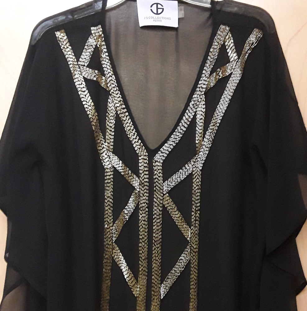 Black Gold Rhinestone Boho Batwing Sheer Top